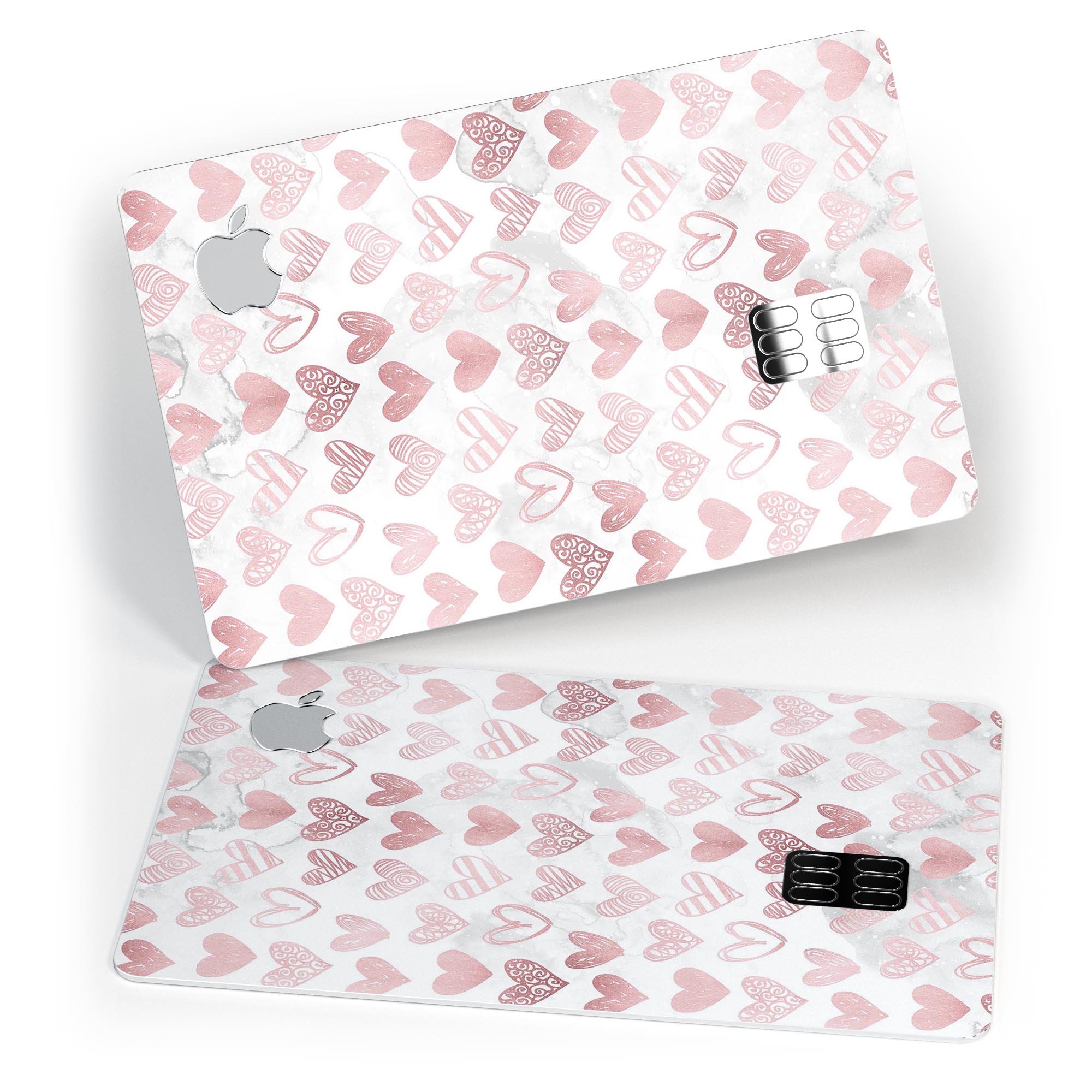 Karamfila Marble & Rose Gold Hearts v3 decal applied on an Apple Card, showcasing its elegant design and premium finish.